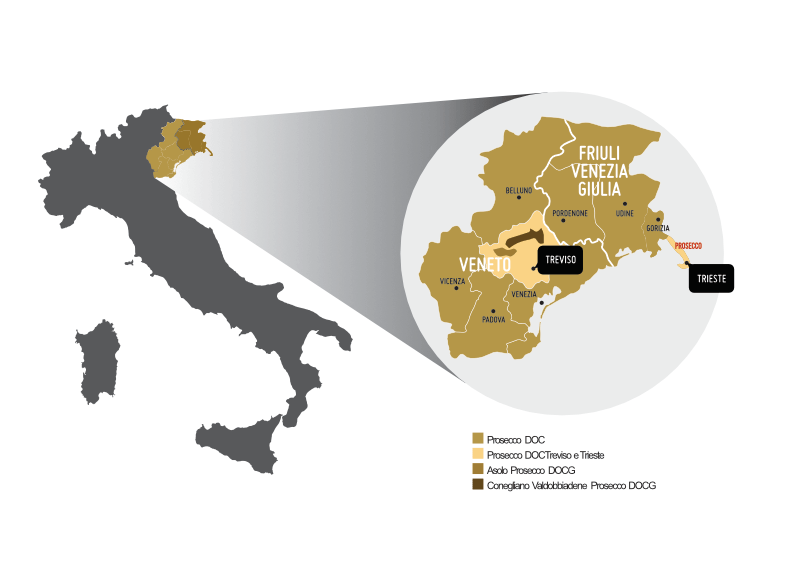 Landkort over Prosecco DOC og DOCG dyrkningsområder i Veneto og Friuli-Venezia Giulia